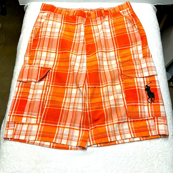Vintage BIG PONY Polo Ralph Lauren Men’s Orange Plaid Cargo Shorts 38 RARE!